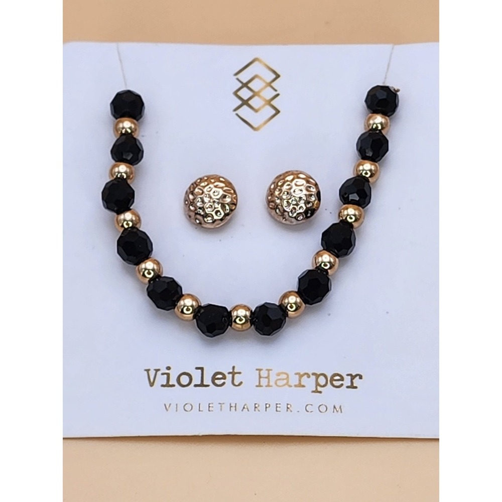 New VIOLET HARPER Signed Black & Gold Textured Necklace & Earrings Set FREE $HIP